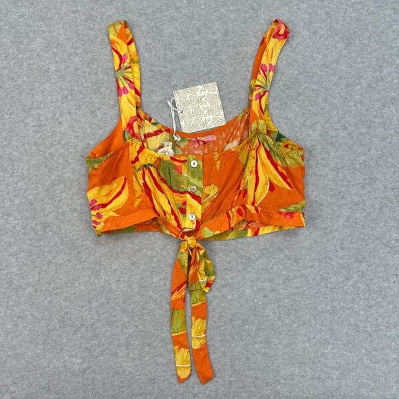 Haute Hippie Tropical Leaf Print Crop Top Womens M Orange Button Back Tie Waist - Picture 7 of 8